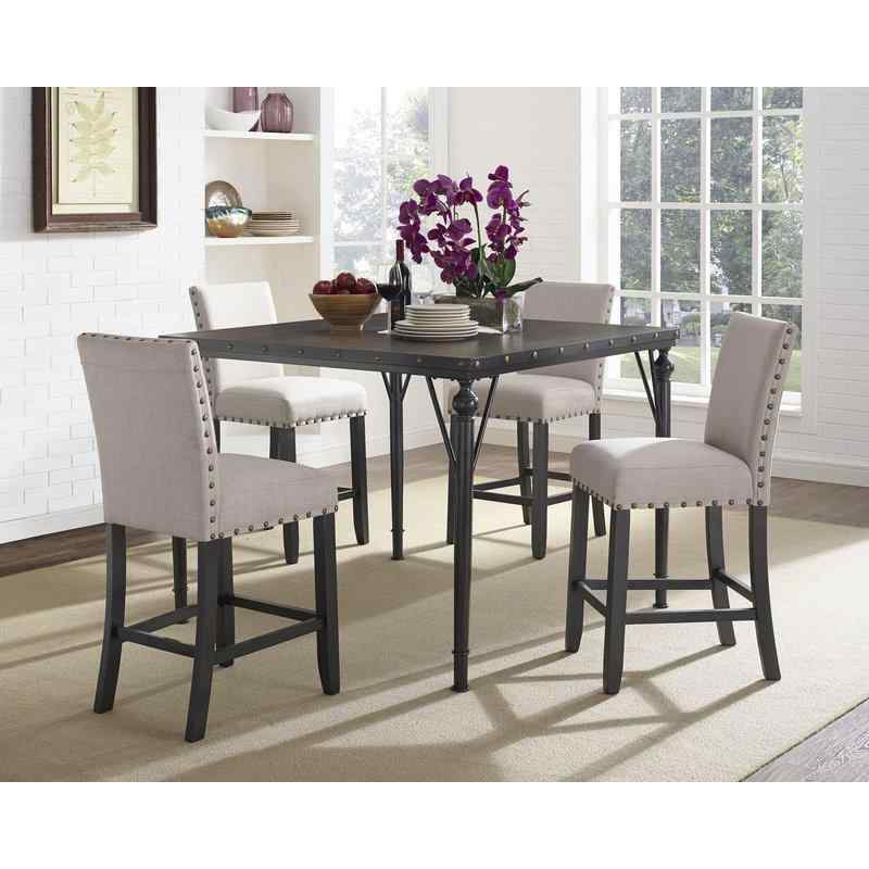 Haysi Wood Counter Height 5 Piece Dining Set with Fabric Nailhead Chairs